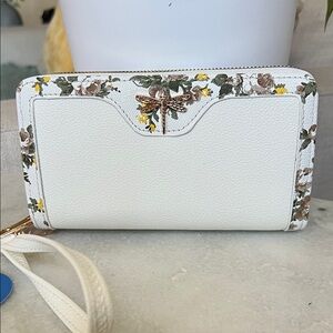 White Floral Zip Wallet with Gold Dragonfly Accent